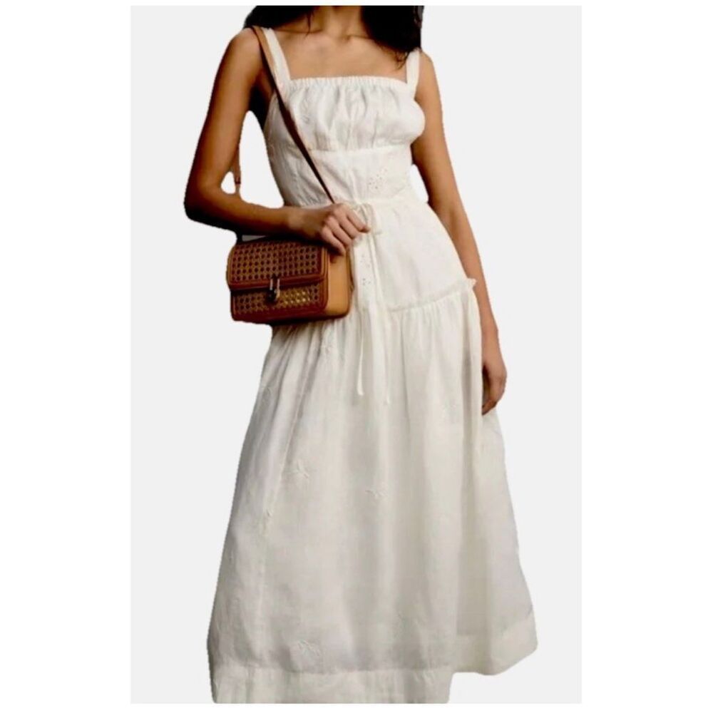 Anthropologie Flax Linen Ilet Embroidered Maxi Boho Square Neck White Dress M - Picture 16 of 16